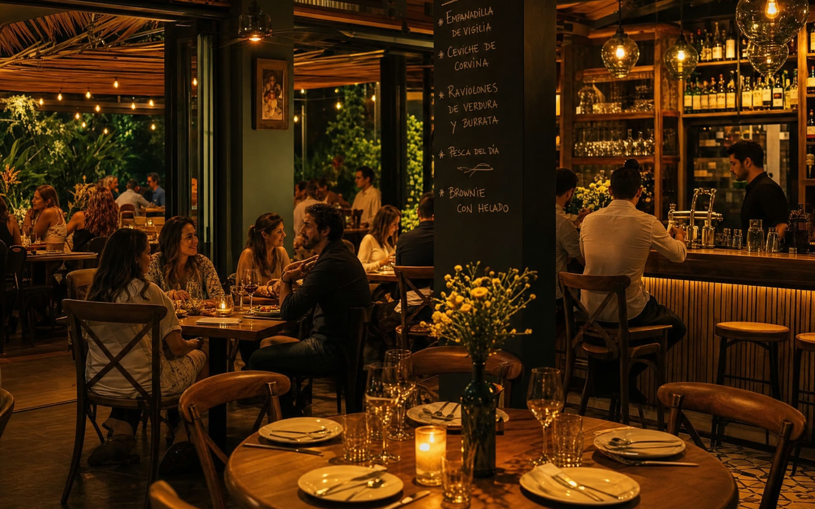 Comedor de un restaurante de noche con luz cálida, mesas puestas, clientes cenando y una barra al fondo.